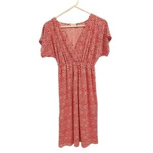 Jon & Anna Womens’ Midi Dress Red & White Pattern V-neck Lightweight Medium